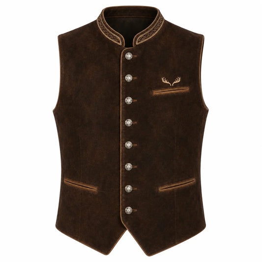A dark brown suede-like waistcoat vest with decorative gold-toned buttons, embroidered trim on the collar and pocket, and a small deer antler motif on the chest, shown against a plain white background.