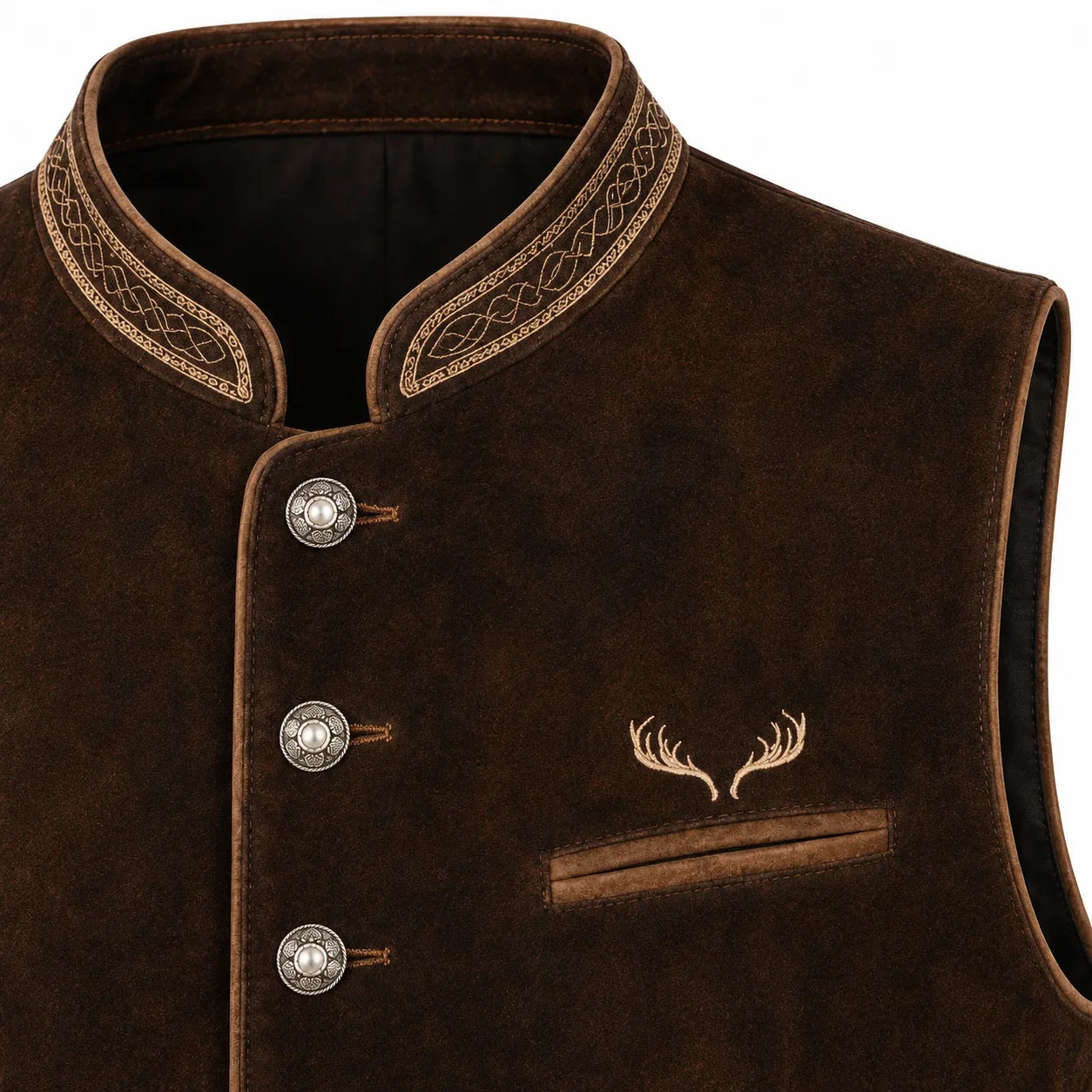 Close-up of a dark brown suede vest with ornate gold embroidered trim on the collar, three decorative silver buttons, and an embroidered deer antler motif on the chest pocket.
