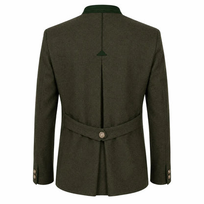 The back view of an olive green wool blazer with a matching waist belt and a single decorative button, shown on a plain white background.