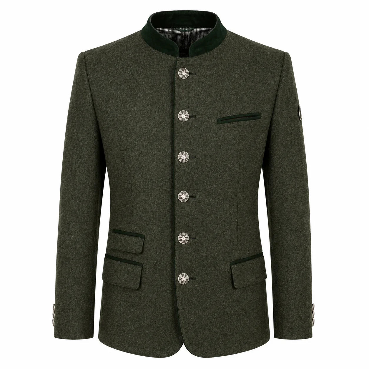An olive green men's jacket with a mandarin collar, decorative silver-tone buttons, and flap pockets, shown on a plain white background.