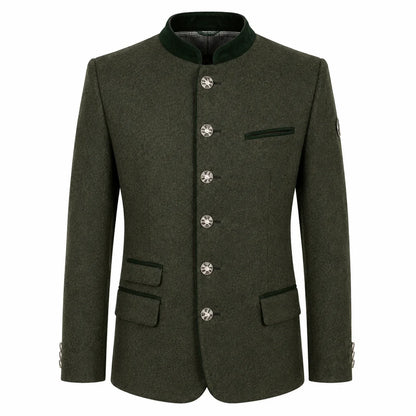 An olive green men's jacket with a mandarin collar, decorative silver-tone buttons, and flap pockets, shown on a plain white background.