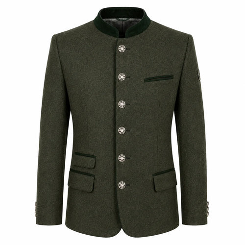 An olive green men's jacket with a mandarin collar, decorative silver-tone buttons, and flap pockets, shown on a plain white background.
