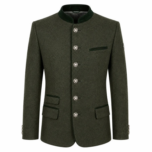 An olive green men's jacket with a mandarin collar, decorative silver-tone buttons, and flap pockets, shown on a plain white background.