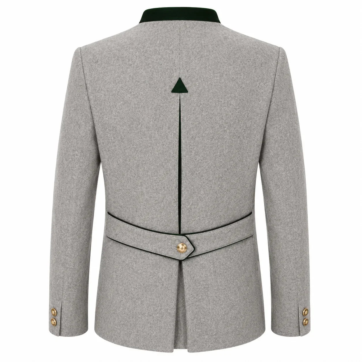 A light gray textured blazer shown from the back, featuring a dark green velvet collar, a central vertical seam with a small green triangle emblem, a matching waist belt with a gold button, and gold button details on the cuffs.