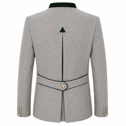 A light gray textured blazer shown from the back, featuring a dark green velvet collar, a central vertical seam with a small green triangle emblem, a matching waist belt with a gold button, and gold button details on the cuffs.