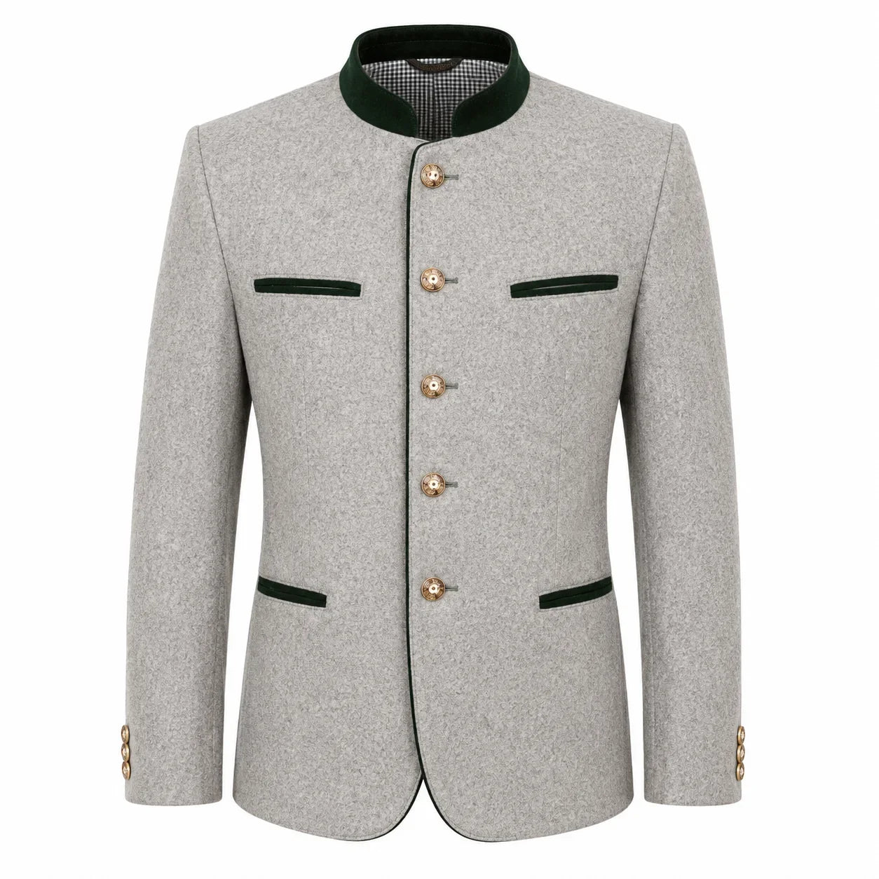 A light gray textured jacket with a dark green mandarin collar, green trim details, and gold-tone buttons, shown on a plain white background.