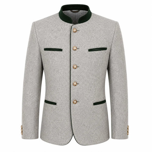 A light gray textured jacket with a dark green mandarin collar, green trim details, and gold-tone buttons, shown on a plain white background.