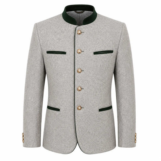 A light gray textured jacket with a dark green mandarin collar, green trim details, and gold-tone buttons, shown on a plain white background.