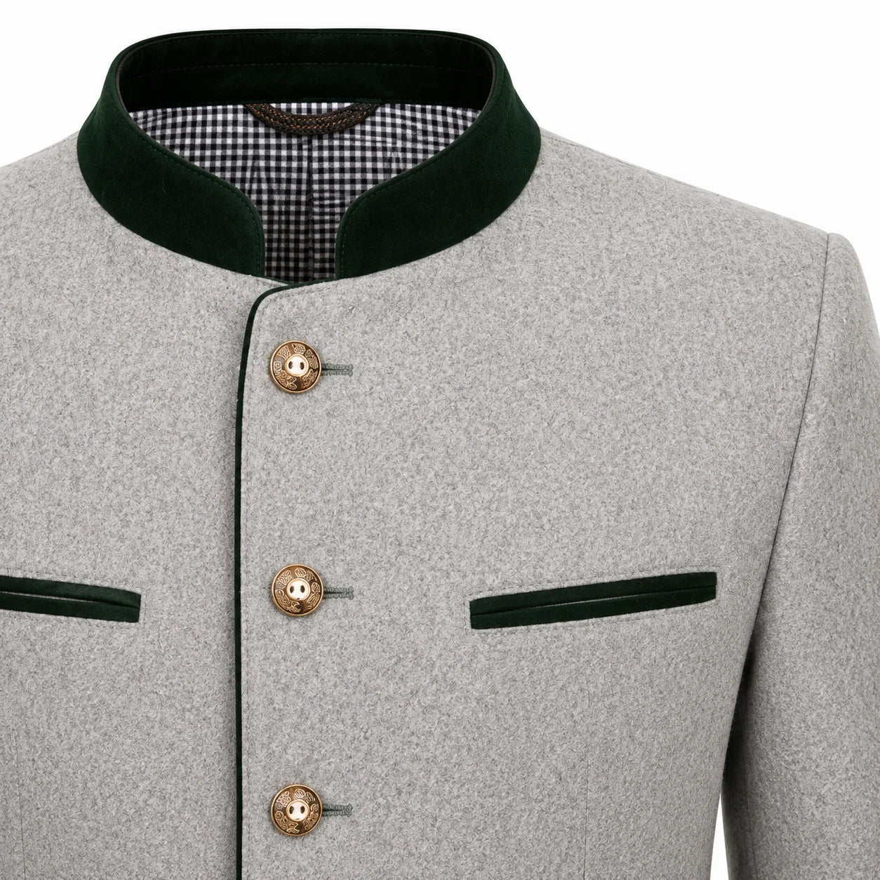 Close-up of a light gray textured jacket with a dark green velvet collar, green welt pockets, and gold-tone buttons, shown on a white background.