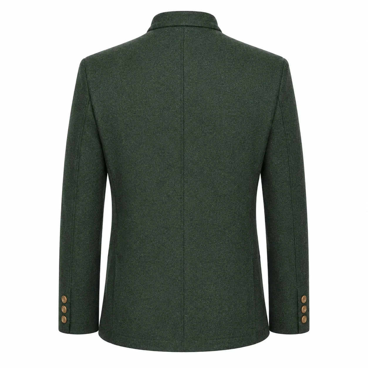 The back view of a dark forest green wool-blend blazer with a collar and three gold buttons on each sleeve cuff, shown against a plain white background.
