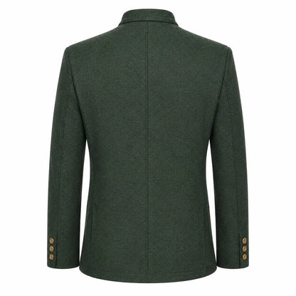 The back view of a dark forest green wool-blend blazer with a collar and three gold buttons on each sleeve cuff, shown against a plain white background.