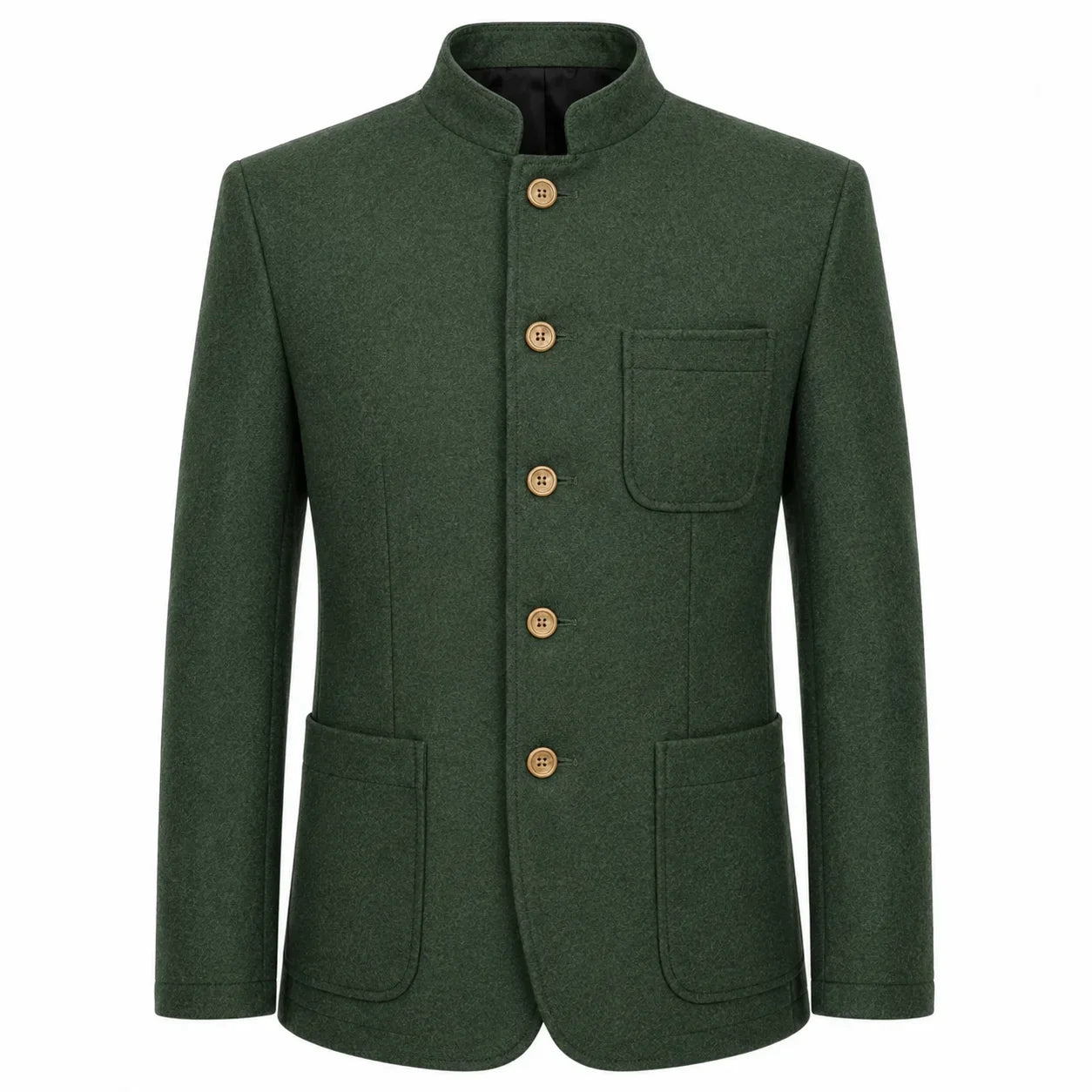 A dark green wool-blend jacket with a mandarin collar, four gold-tone buttons, a chest pocket, and two large front patch pockets, shown on a plain white background.
