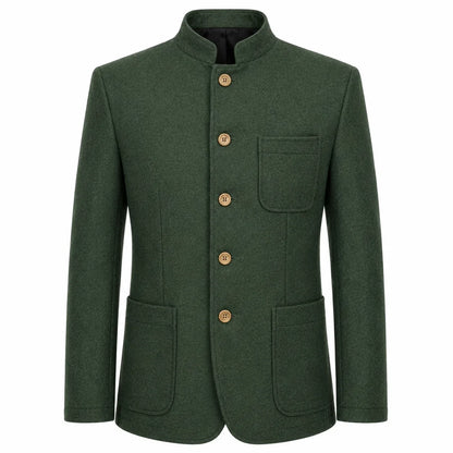 A dark green wool-blend jacket with a mandarin collar, four gold-tone buttons, a chest pocket, and two large front patch pockets, shown on a plain white background.