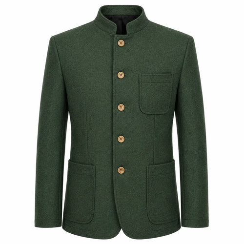 A dark green wool-blend jacket with a mandarin collar, four gold-tone buttons, a chest pocket, and two large front patch pockets, shown on a plain white background.
