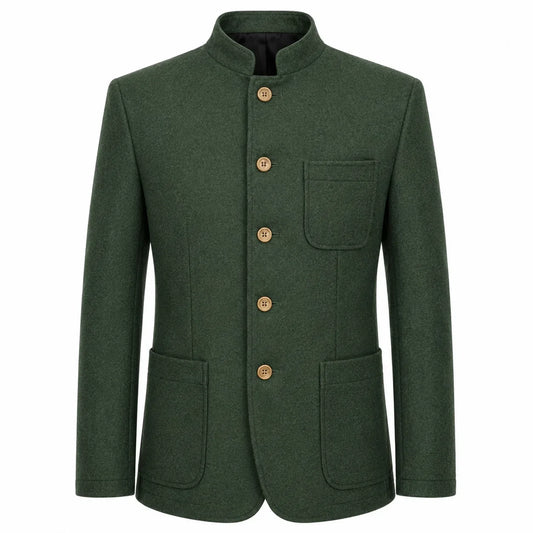 A dark green wool-blend jacket with a mandarin collar, four gold-tone buttons, a chest pocket, and two large front patch pockets, shown on a plain white background.