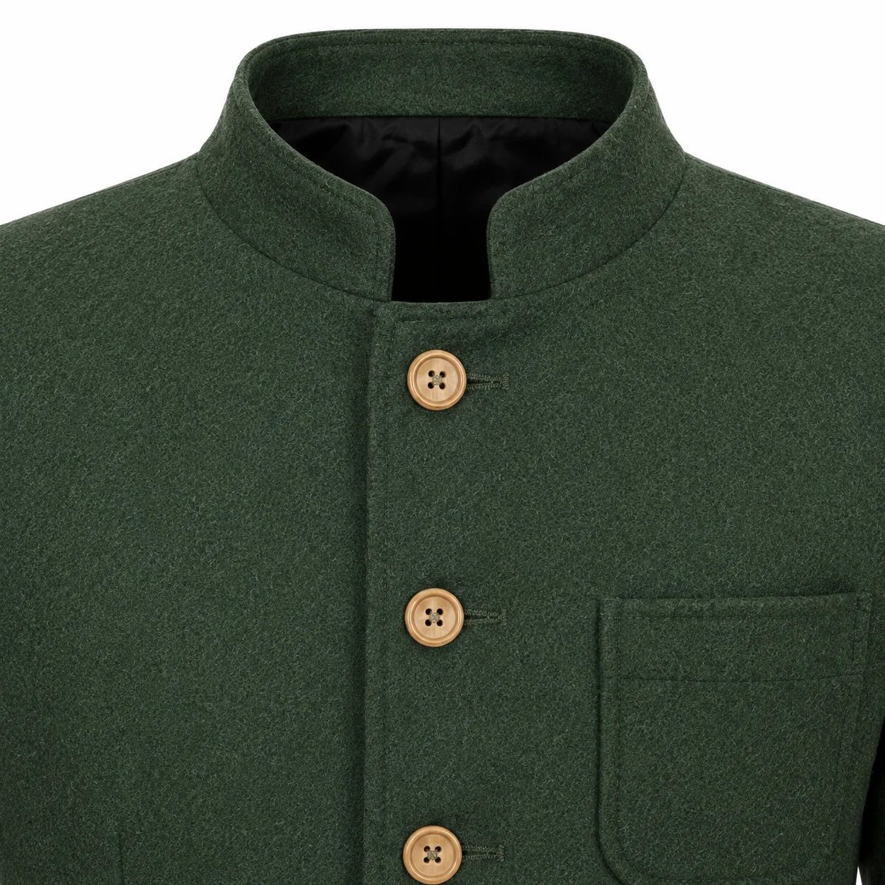 Close-up of a dark green wool-blend jacket with a mandarin collar, three light brown buttons, and a chest pocket on a white background.