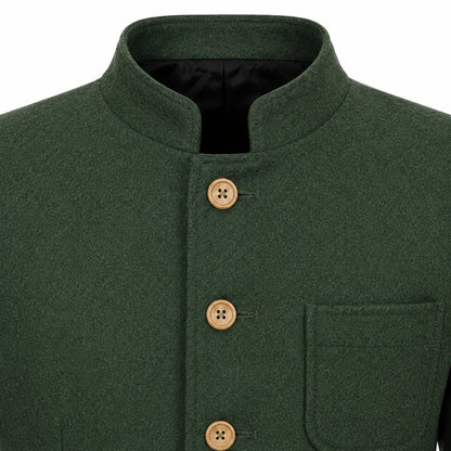 Close-up of a dark green wool-blend jacket with a mandarin collar, three light brown buttons, and a chest pocket on a white background.