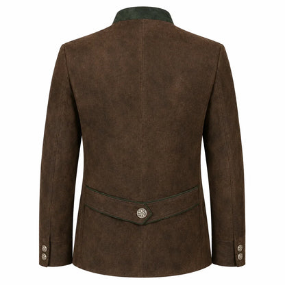 The back view of a men's brown suede jacket with a dark green collar, waist trim, and button details, shown on a plain white background.
