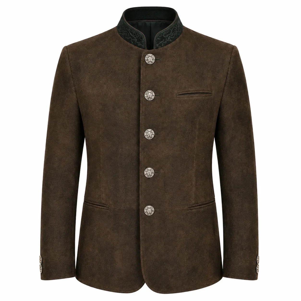 A men's brown suede jacket with a mandarin collar, featuring a dark green patterned inner lining, decorative silver-tone buttons, and a welt pocket on the left chest, shown against a plain white background.