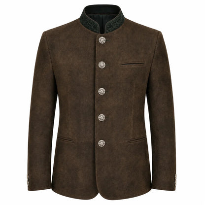 A men's brown suede jacket with a mandarin collar, featuring a dark green patterned inner lining, decorative silver-tone buttons, and a welt pocket on the left chest, shown against a plain white background.