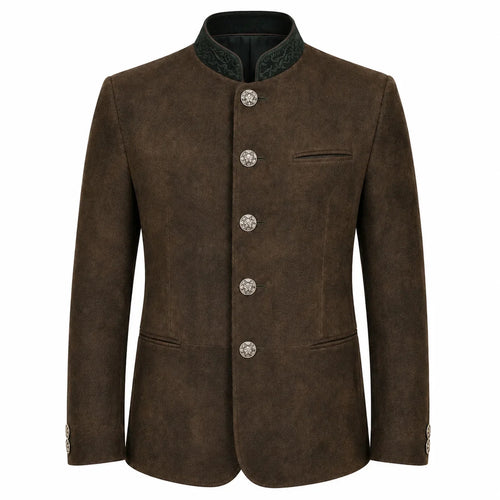 A men's brown suede jacket with a mandarin collar, featuring a dark green patterned inner lining, decorative silver-tone buttons, and a welt pocket on the left chest, shown against a plain white background.