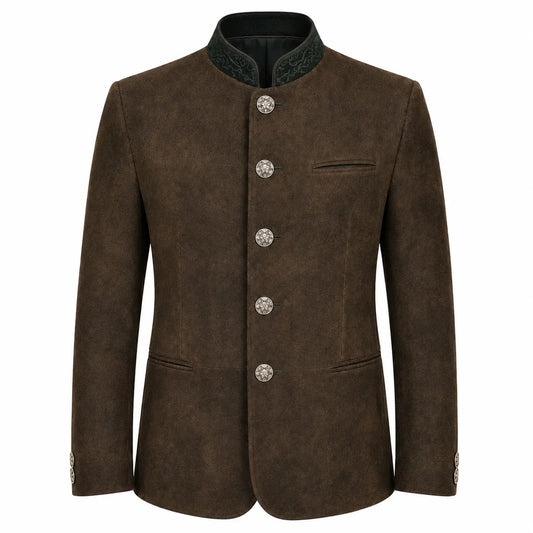 A men's brown suede jacket with a mandarin collar, featuring a dark green patterned inner lining, decorative silver-tone buttons, and a welt pocket on the left chest, shown against a plain white background.