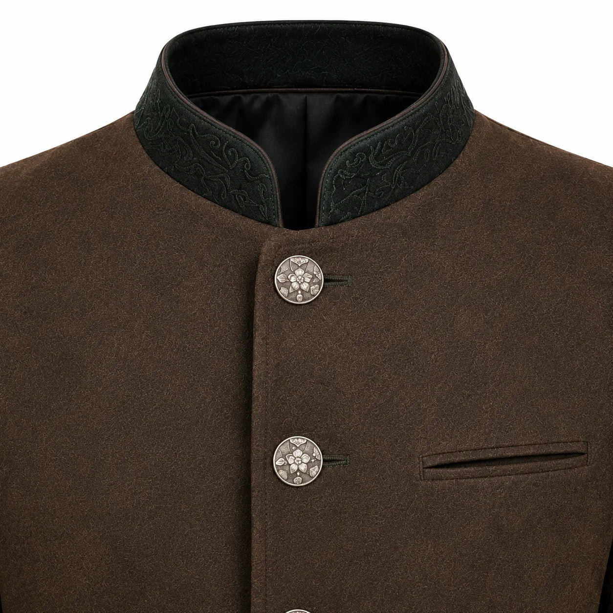 Close-up of a brown textured jacket with a dark green embroidered mandarin collar and decorative silver-tone buttons.