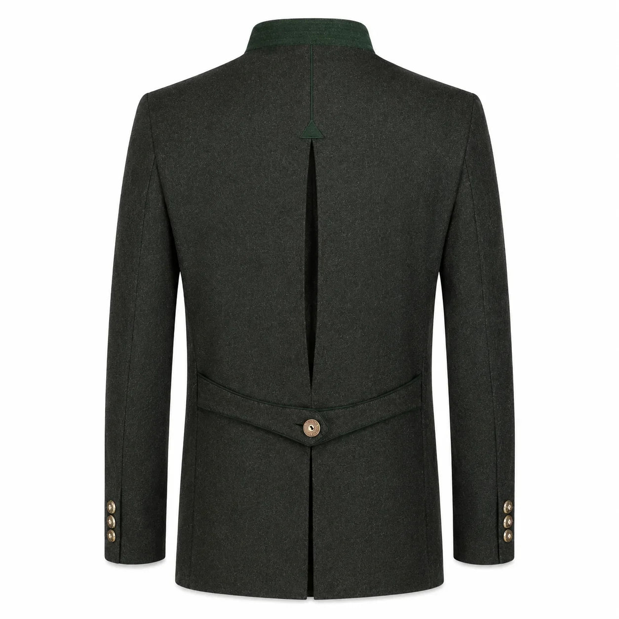 The back view of a dark forest green wool-blend jacket with a single button closure at the waist, decorative button cuffs, and a high collar, shown on a plain white background.