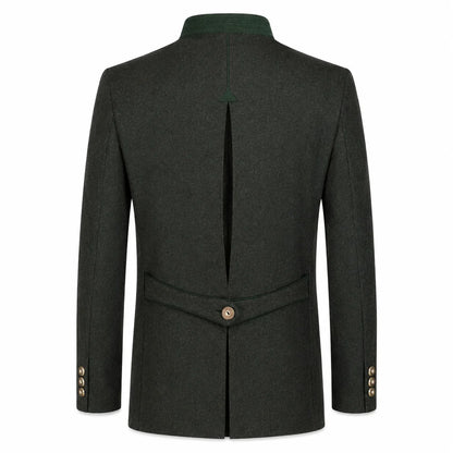 The back view of a dark forest green wool-blend jacket with a single button closure at the waist, decorative button cuffs, and a high collar, shown on a plain white background.