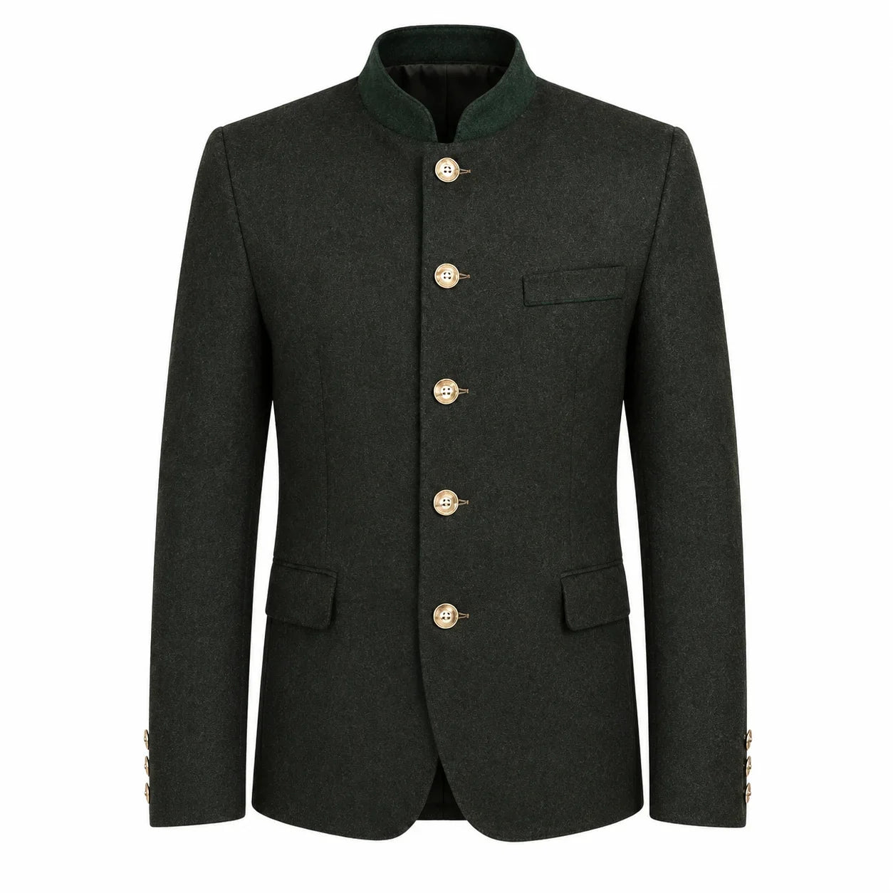A dark charcoal gray traditional jacket with a mandarin collar, gold buttons, and a green inner collar, shown on a plain white background.