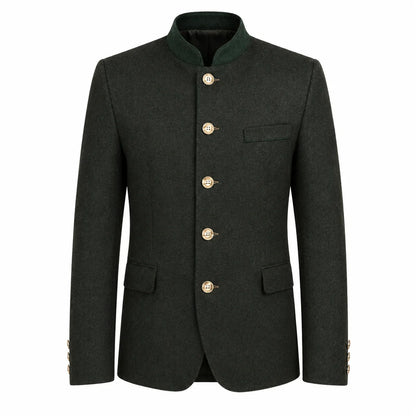 A dark charcoal gray traditional jacket with a mandarin collar, gold buttons, and a green inner collar, shown on a plain white background.