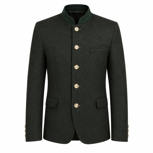 A dark charcoal gray traditional jacket with a mandarin collar, gold buttons, and a green inner collar, shown on a plain white background.