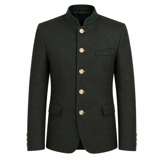 A dark charcoal gray traditional jacket with a mandarin collar, gold buttons, and a green inner collar, shown on a plain white background.
