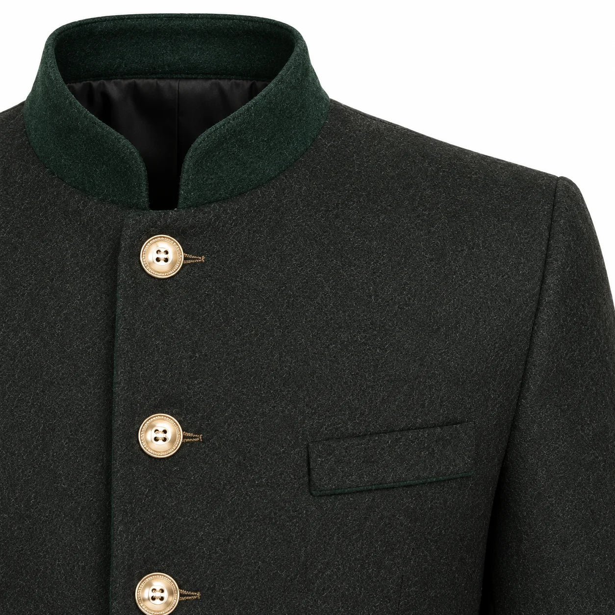 Close-up of a dark charcoal gray wool-blend jacket with a contrasting dark green mandarin collar, gold-tone buttons, and a welt pocket on the chest.