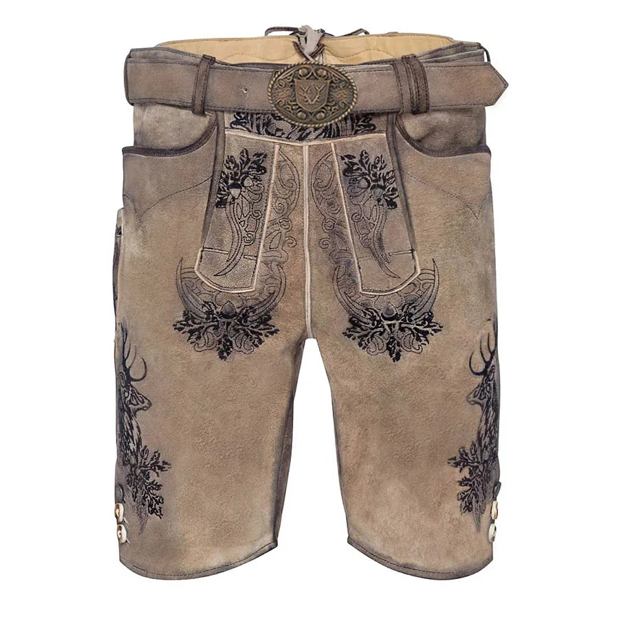 Traditional brown leather shorts with decorative patterns on a white background