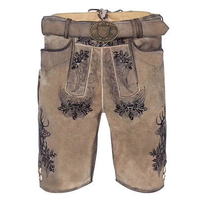 Traditional brown leather shorts with decorative patterns on a white background