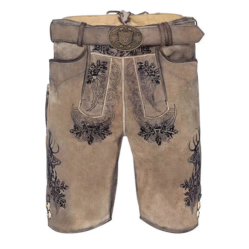 Traditional brown leather shorts with decorative patterns on a white background