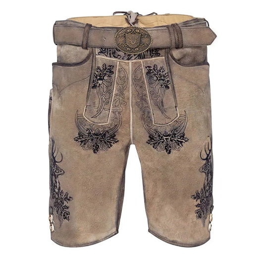 Traditional brown leather shorts with decorative patterns on a white background
