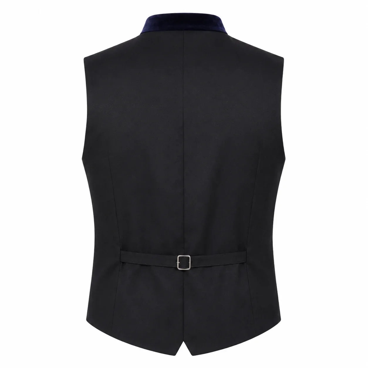 Black men's waistcoat vest with a navy blue velvet collar and a matching waist belt with a silver buckle, shown from the back on a white background.