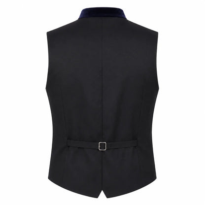 Black men's waistcoat vest with a navy blue velvet collar and a matching waist belt with a silver buckle, shown from the back on a white background.