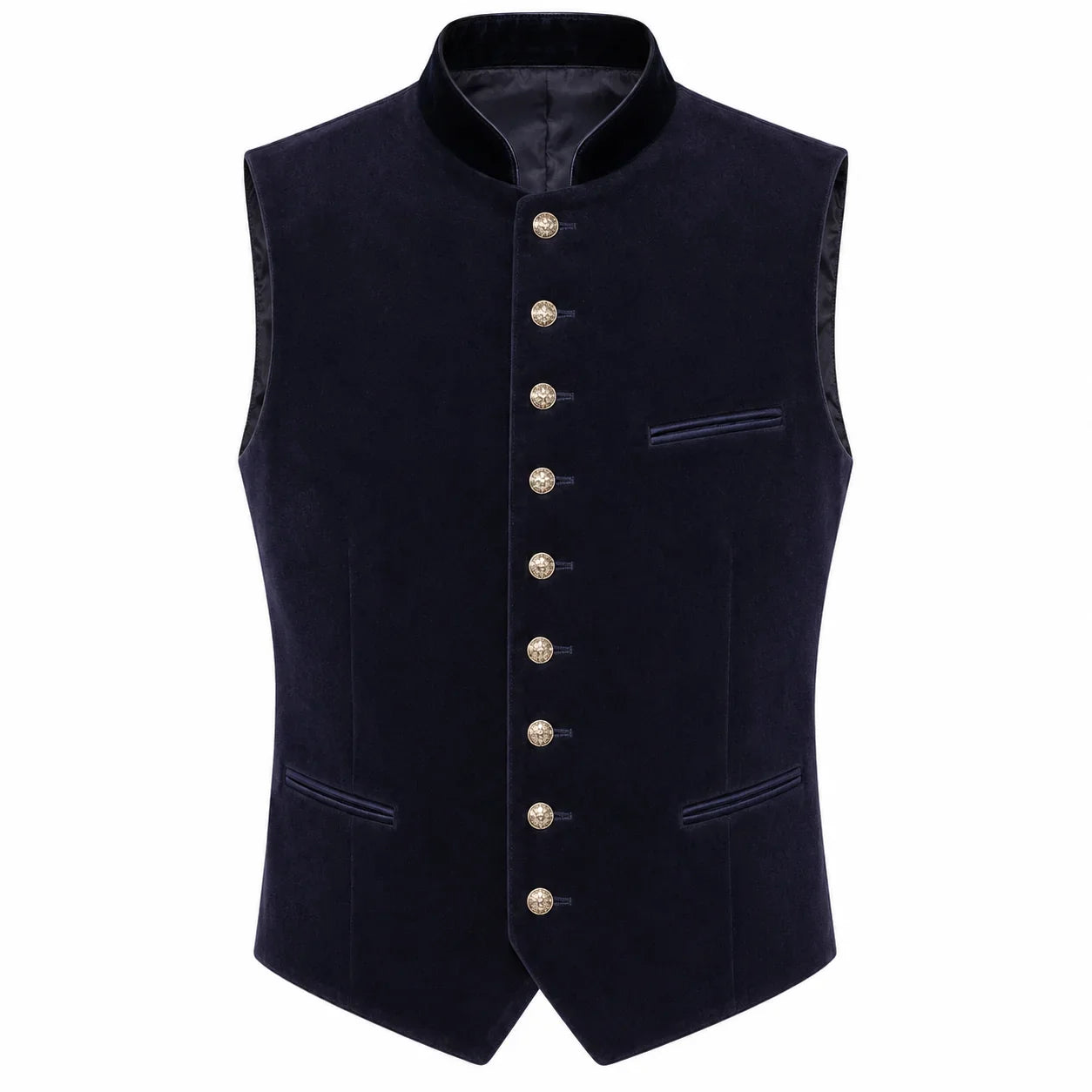 A dark navy blue velvet waistcoat vest with a high stand collar, decorative gold-tone buttons down the front, and welt pockets, shown against a plain white background.