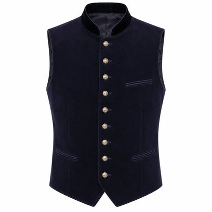 A dark navy blue velvet waistcoat vest with a high stand collar, decorative gold-tone buttons down the front, and welt pockets, shown against a plain white background.