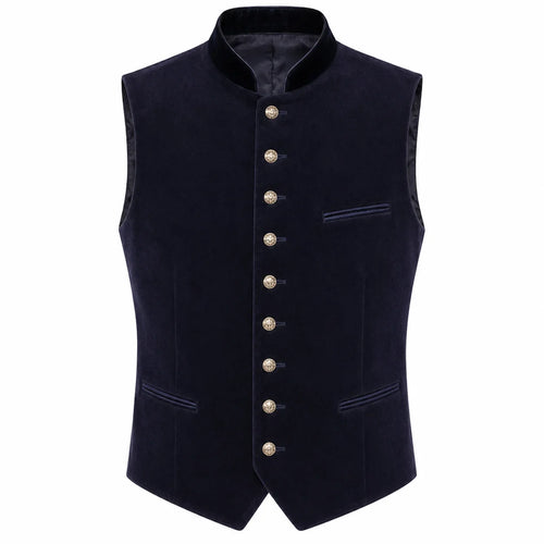 A dark navy blue velvet waistcoat vest with a high stand collar, decorative gold-tone buttons down the front, and welt pockets, shown against a plain white background.