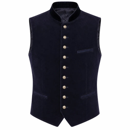A dark navy blue velvet waistcoat vest with a high stand collar, decorative gold-tone buttons down the front, and welt pockets, shown against a plain white background.