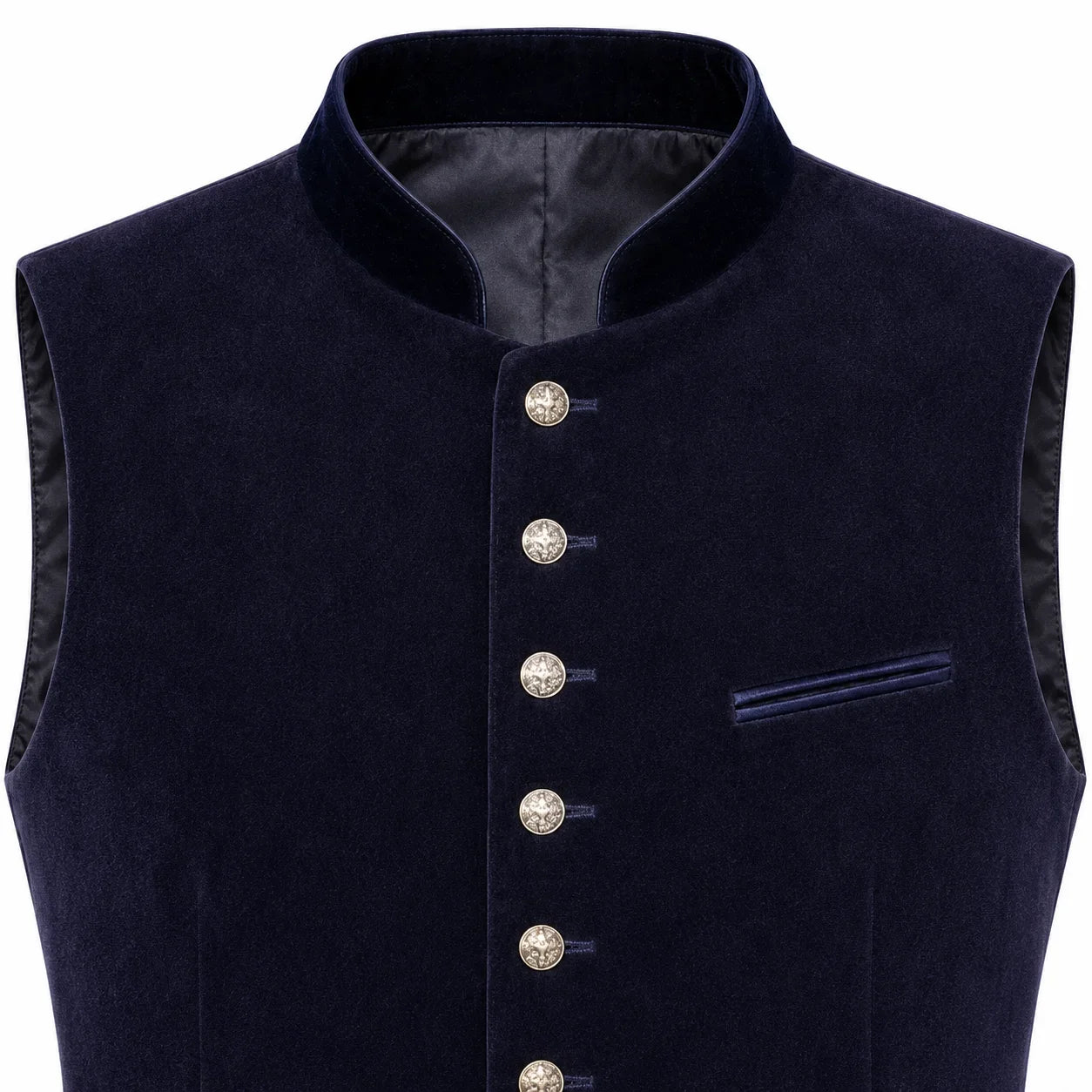 A dark navy blue velvet waistcoat vest with a stand collar, decorative silver-tone buttons down the front, and a matching chest pocket, shown against a plain white background.