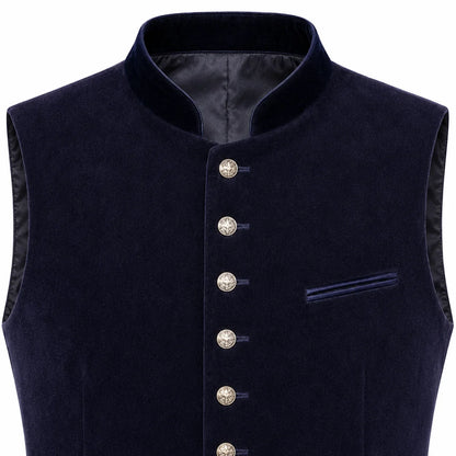 A dark navy blue velvet waistcoat vest with a stand collar, decorative silver-tone buttons down the front, and a matching chest pocket, shown against a plain white background.