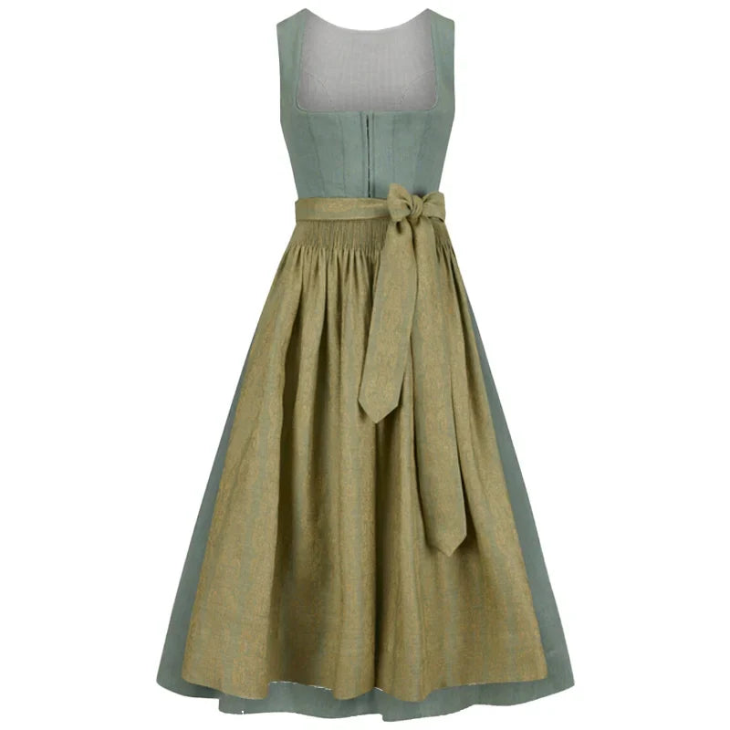 Two-tone dress with green top and brown skirt on a white background