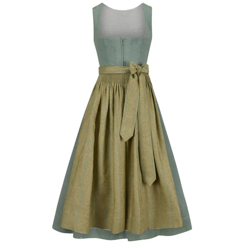 Two-tone dress with green top and brown skirt on a white background