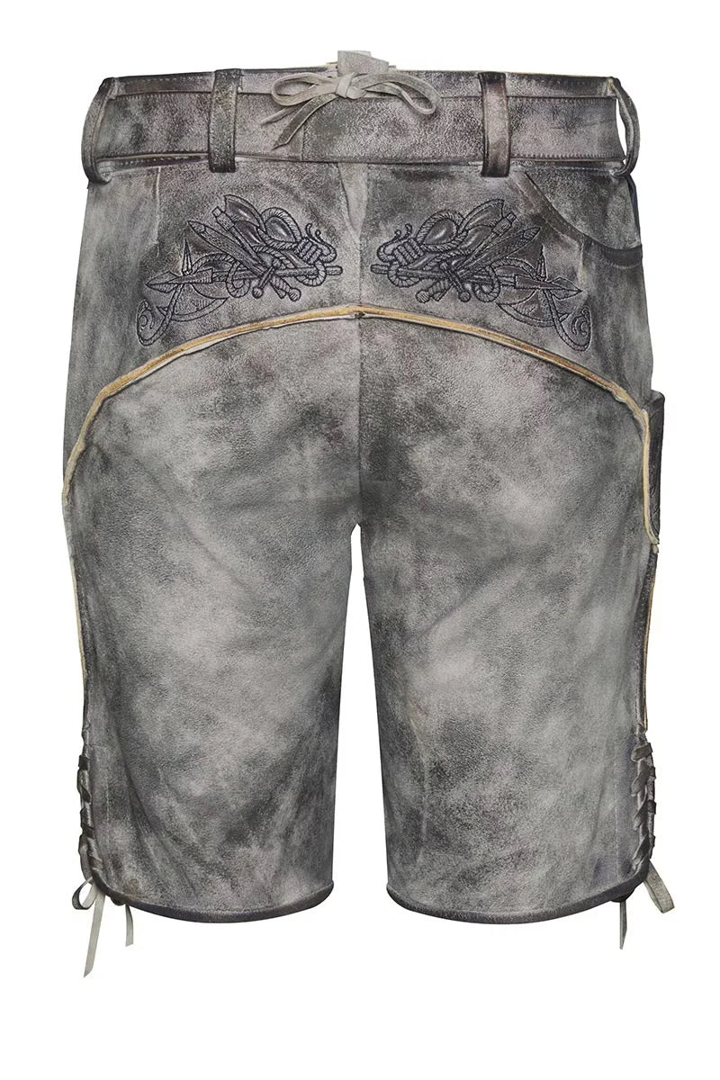 Gray leather apron with intricate designs and patterns on a white background