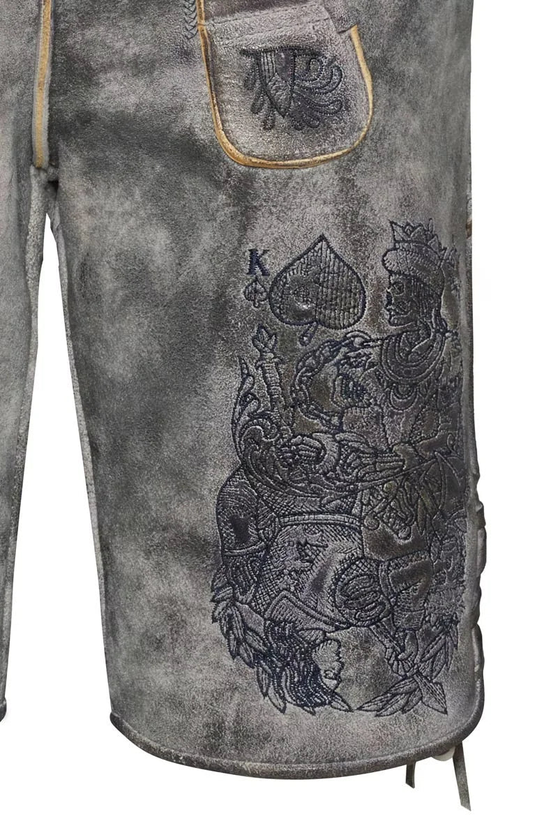 Gray leather apron with intricate designs and patterns on a white background